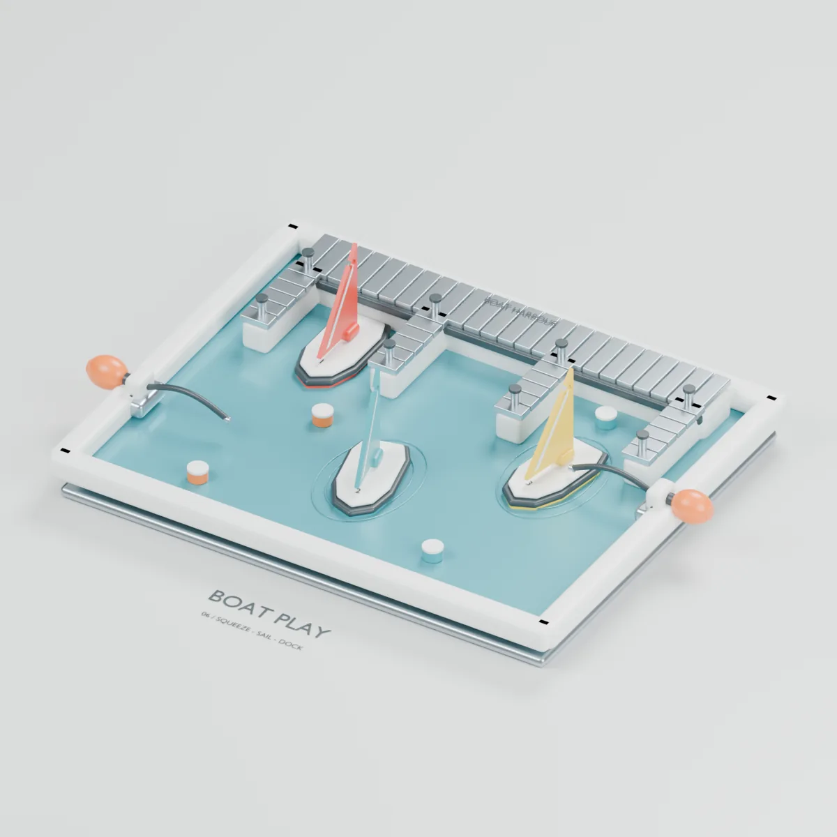 Sailboat Play water table concept showing three removable sailboats, a finger dock, movable course buoys and two air-bulb stations