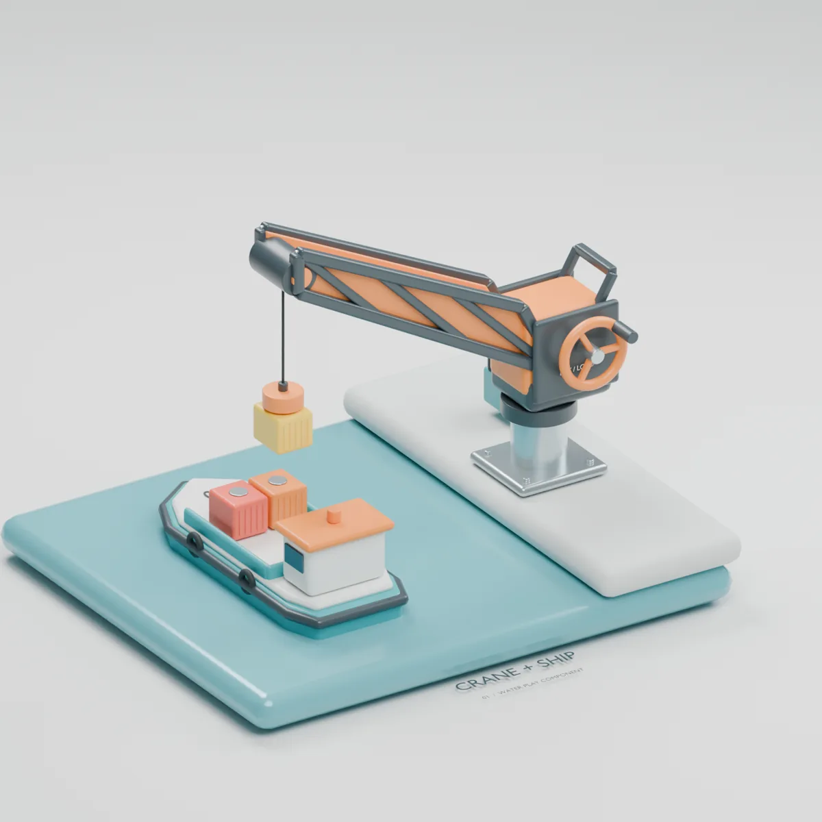 Crane & Ship water table concept showing a pedestal crane, suspended pickup head, yellow cargo and a ship