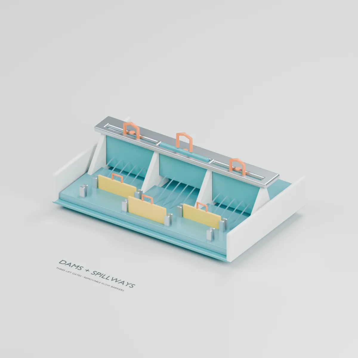 Dams & Sluice Gates water table concept showing three lifting sluice gates, a buttressed spillway and removable downstream panels