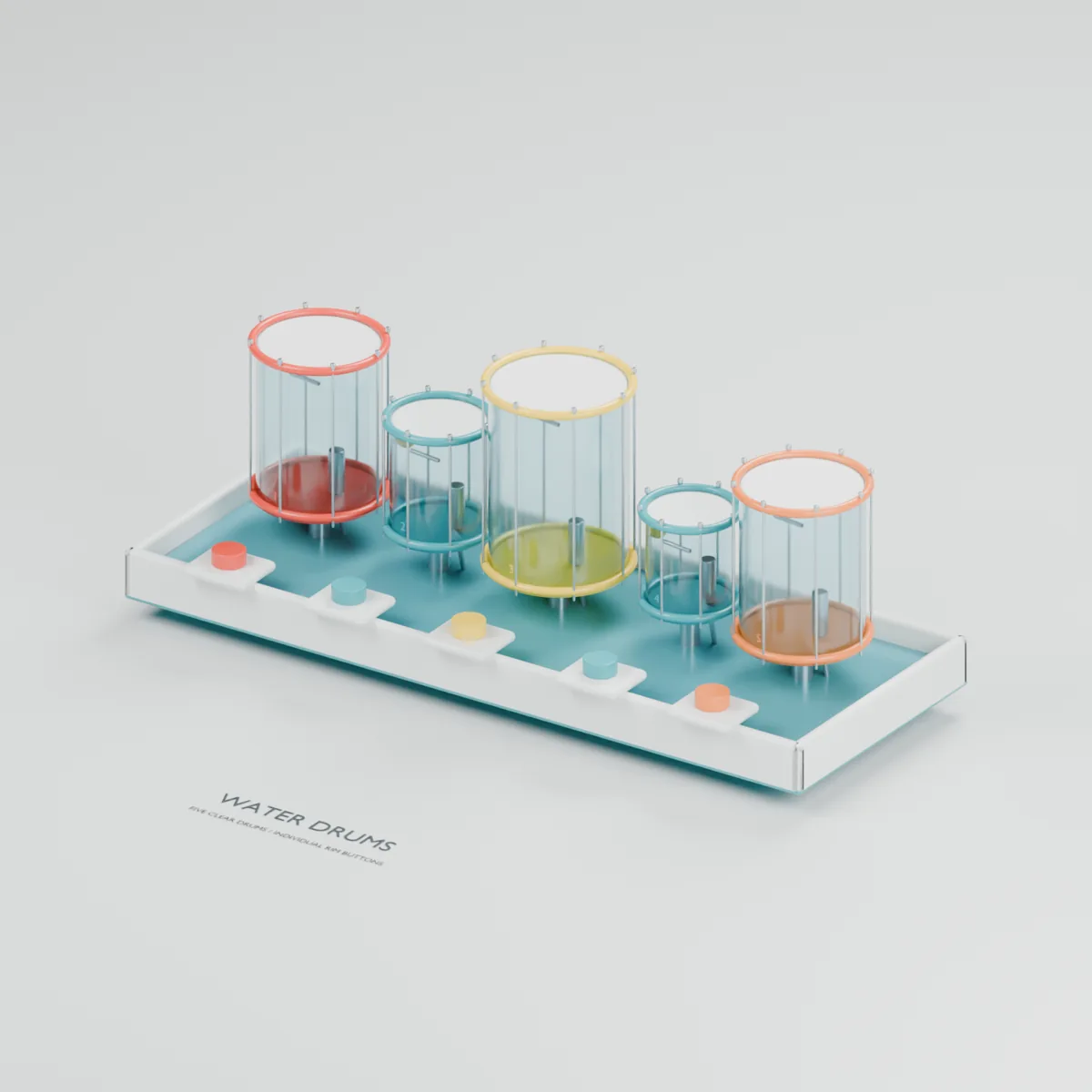 Water Drums water table concept showing five clear drum shells with internal strikers, tension rods and colour-matched buttons