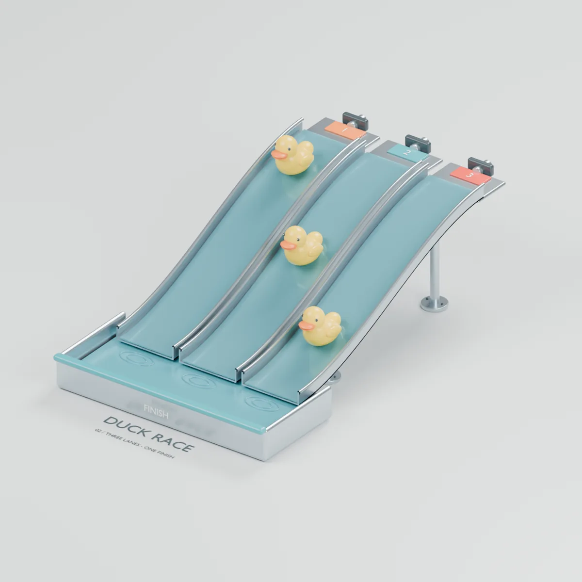 Duck Race water table concept showing three parallel stainless-steel chutes, numbered launch pads, yellow ducks and a shared finish pool