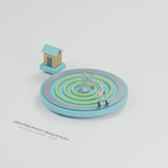 Centre-pivot Irrigation water table concept, perspective render