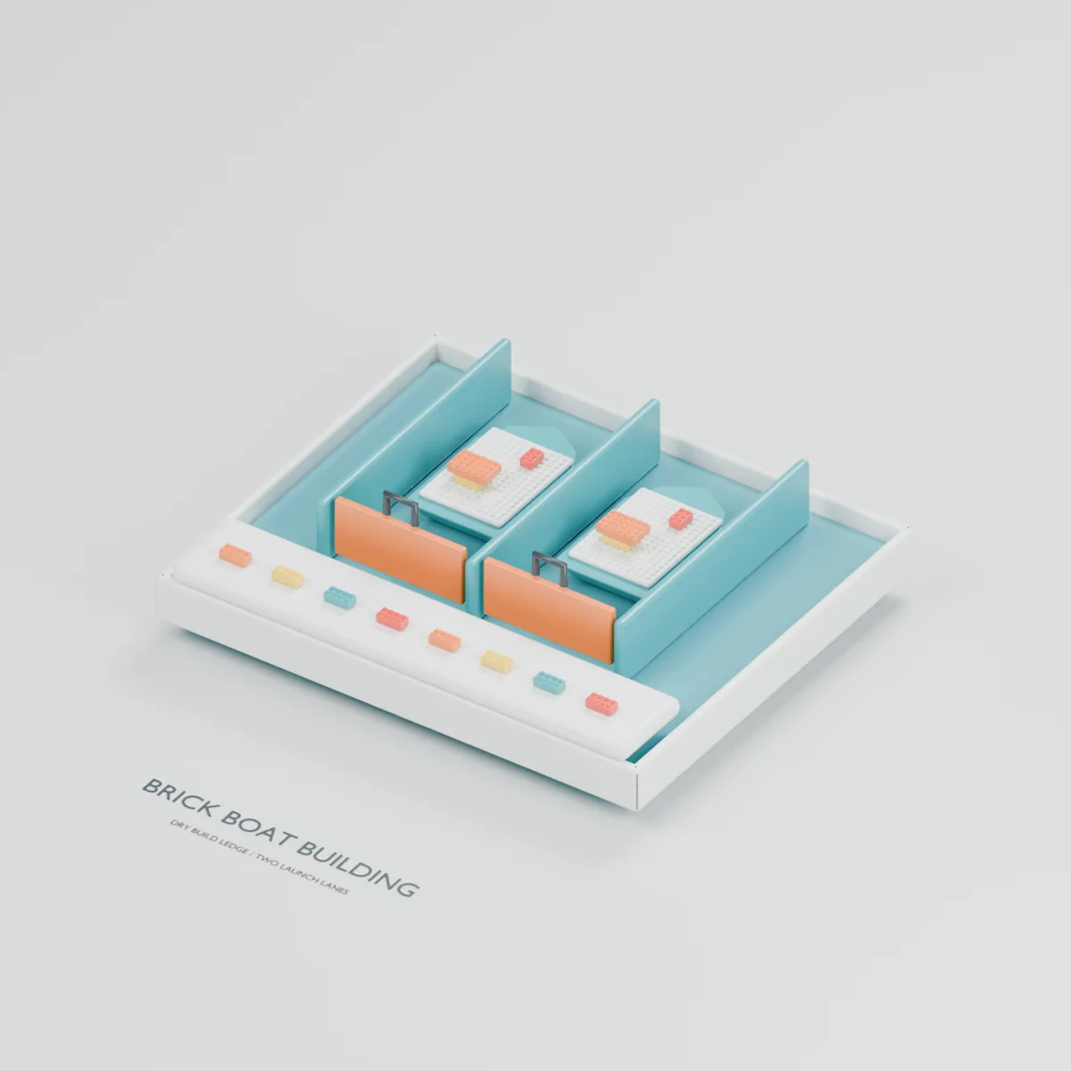 Brick Boat Building water table concept showing two studded floating hulls, sample brick builds, launch gates and a dry building ledge