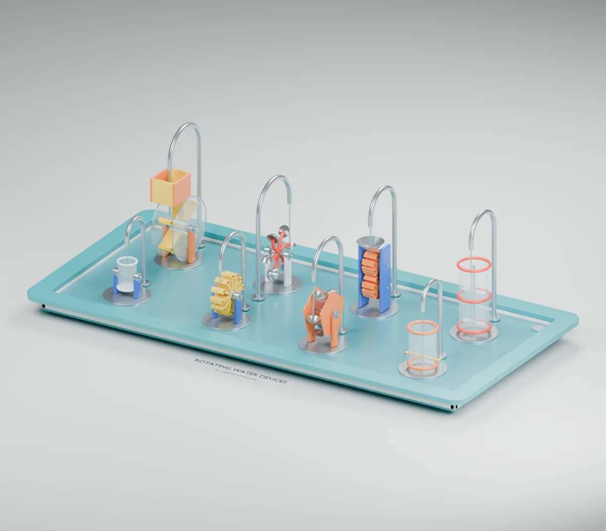 Rotating Water Devices water table concept showing three adjustable rim nozzles, two vertical paddle wheels and a horizontal cup rotor