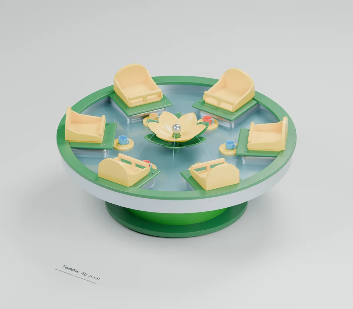 Toddler Lily Pool water table concept showing a shallow lily-themed pool with a low flower fountain, pouring cups and floating balls