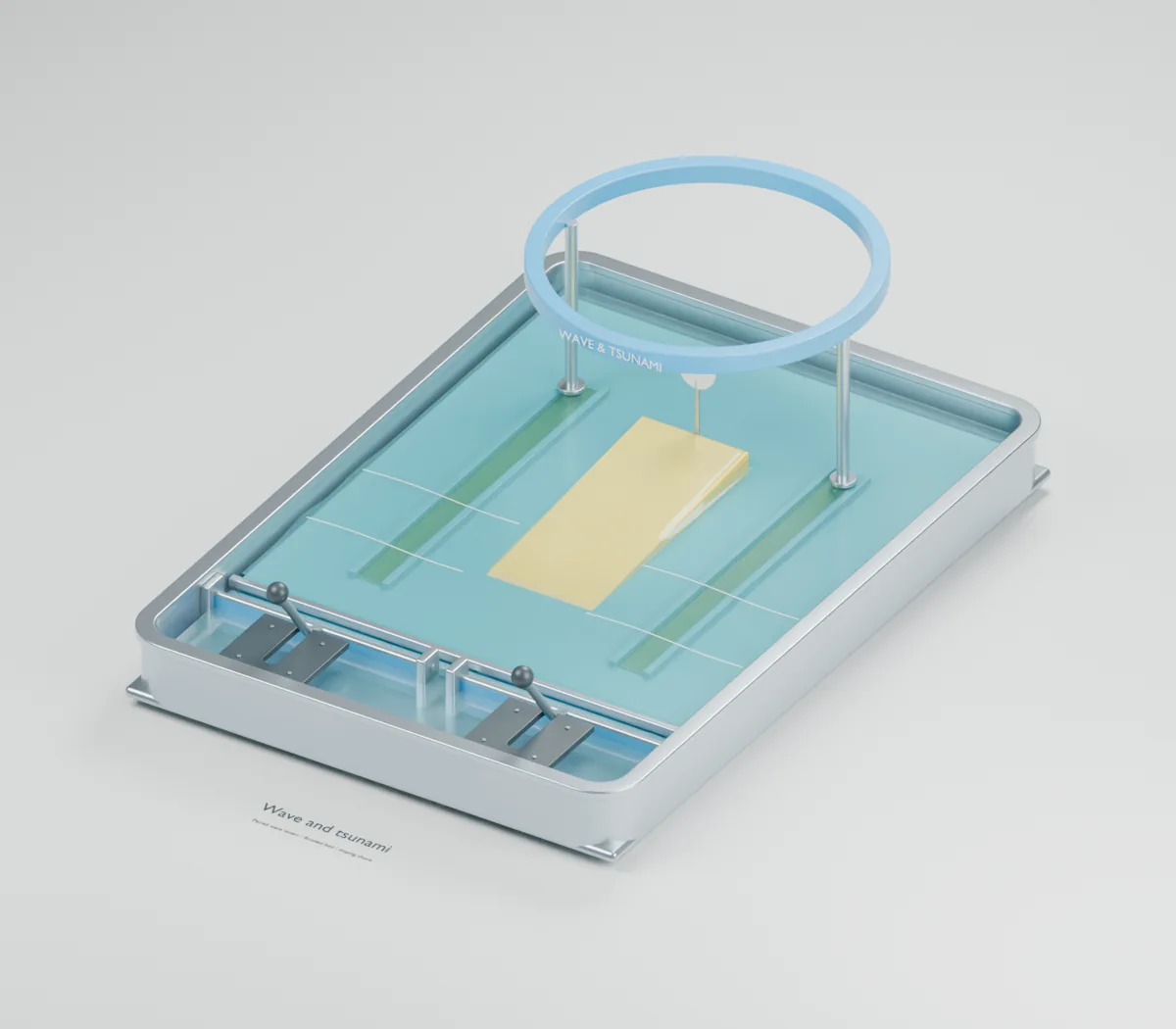 Wave & Tsunami Table water table concept showing a hinged paddle, clear-sided wave channel, sloping coastline and removable model buildings
