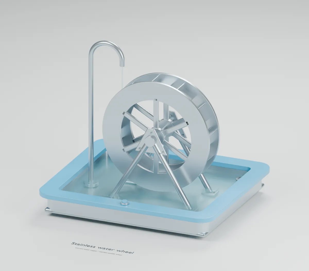 Water Wheel water table concept showing a stainless-steel paddle wheel, open spokes, A-frame supports and curved supply pipe